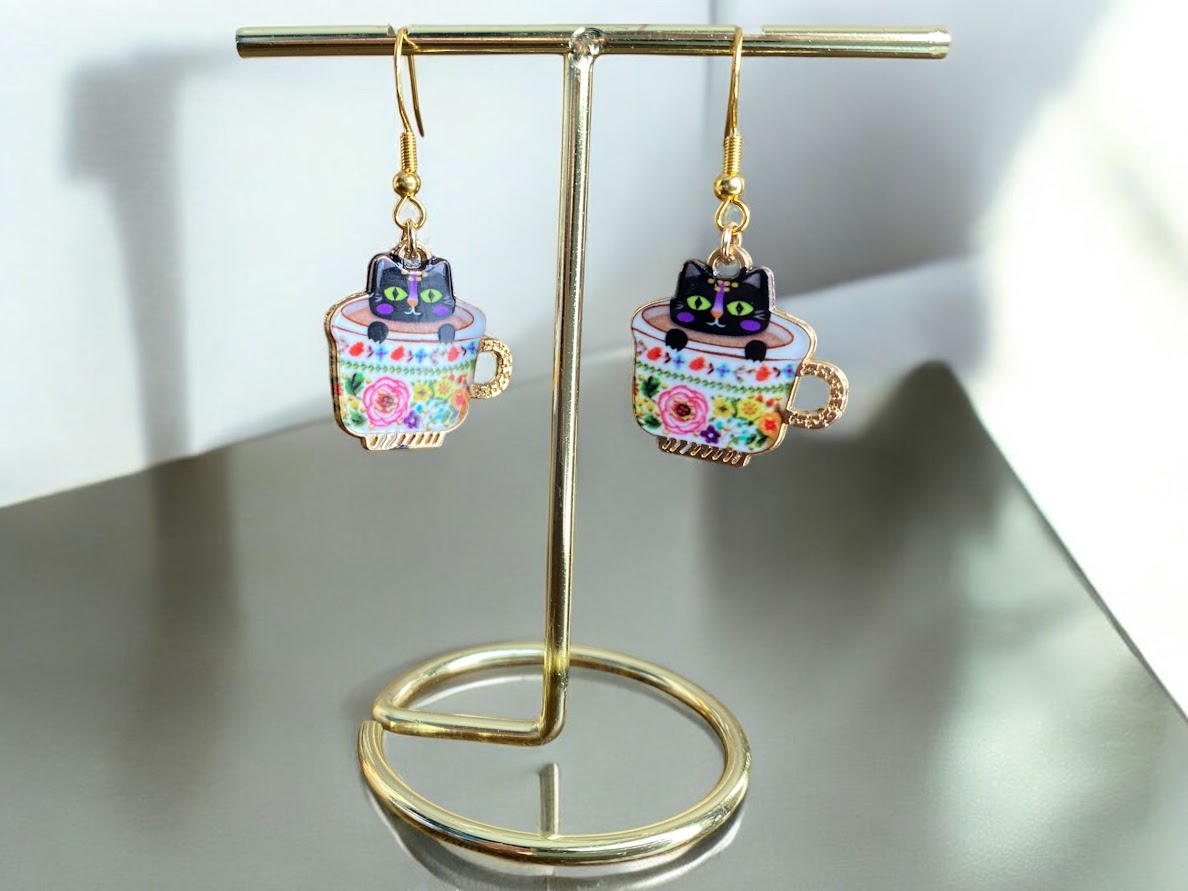 Tea Time Cat Earrings