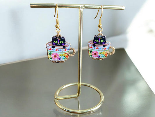 Tea Time Cat Earrings