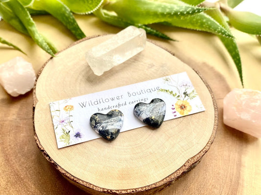 Black & White Marble Heart Studs