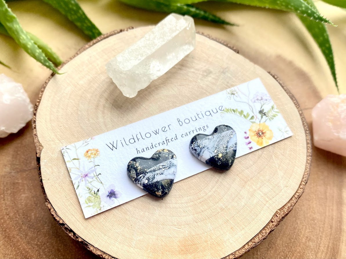 Black & White Marble Heart Studs